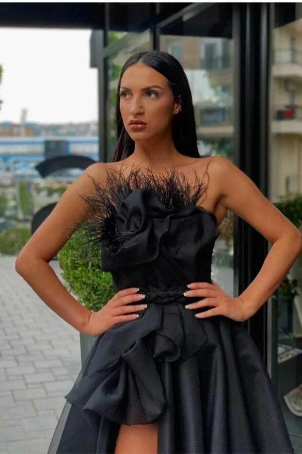 Black Long Split Prom Dress With Feather | Zelldresses