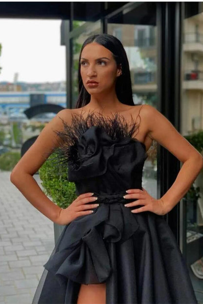 Black Long Split Prom Dress With Feather | Zelldresses
