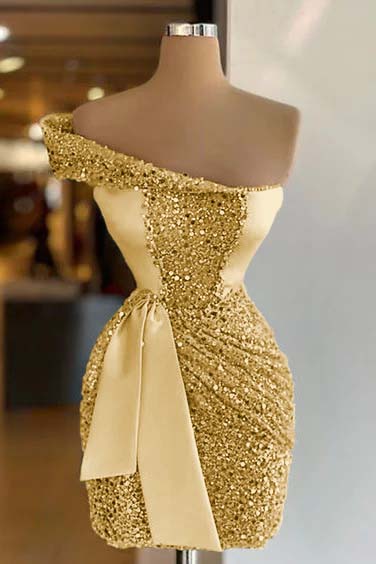 Hellodresses Sleeveless One Shoulder Short Sequins Homecoming Dress Pleated With Belt