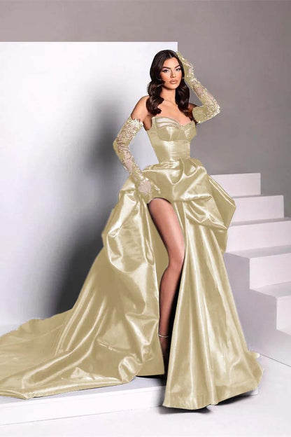 Black Taffeta Sweetheart Slit Prom Dress With Long Lace Gloves | Zelldresses