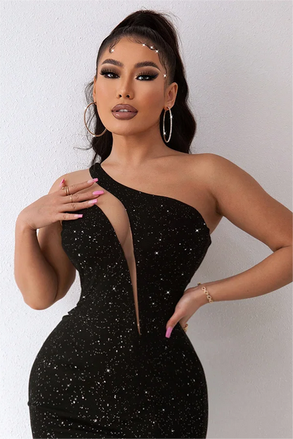 Hellodresses Black One Shoulder Sleeveless Short Homecoming Dress Sequins With Split