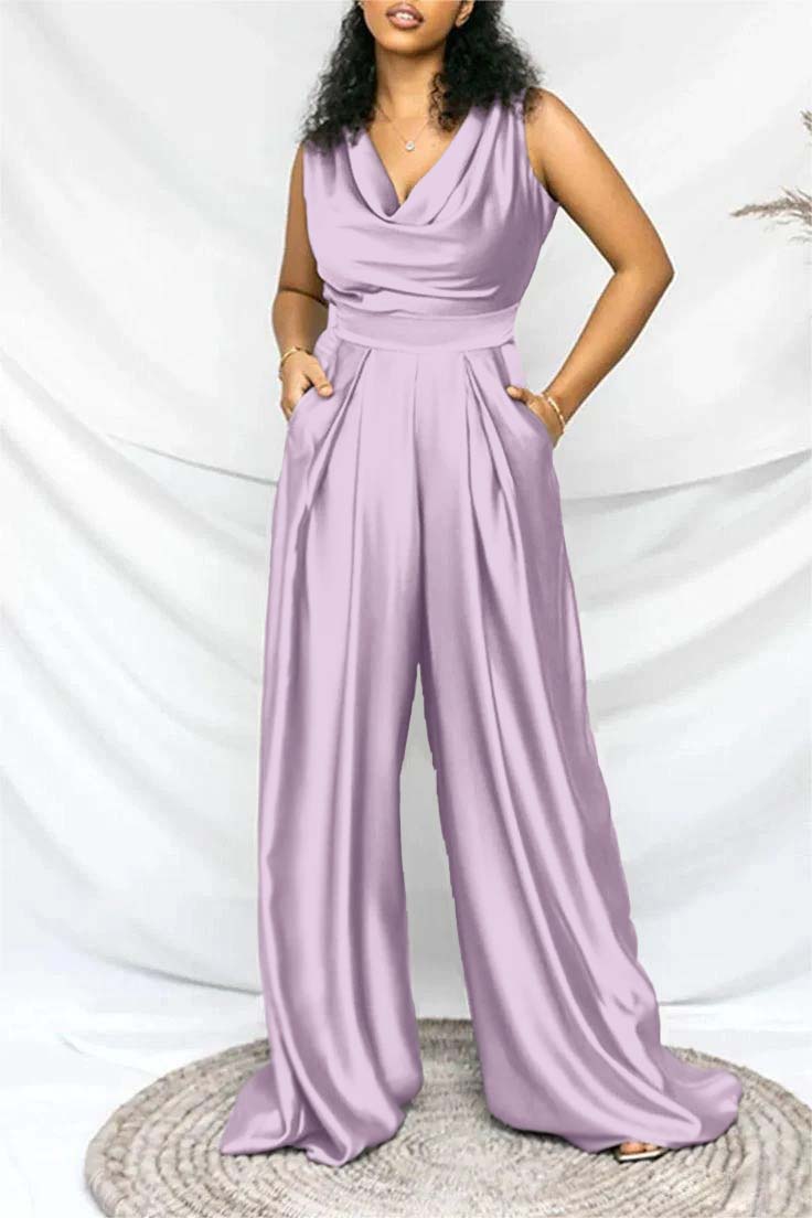 Hellodresses Exquisite Purple Satin V Neck Sleeveless Wid-Leg Long Jumpsuit with Pleated