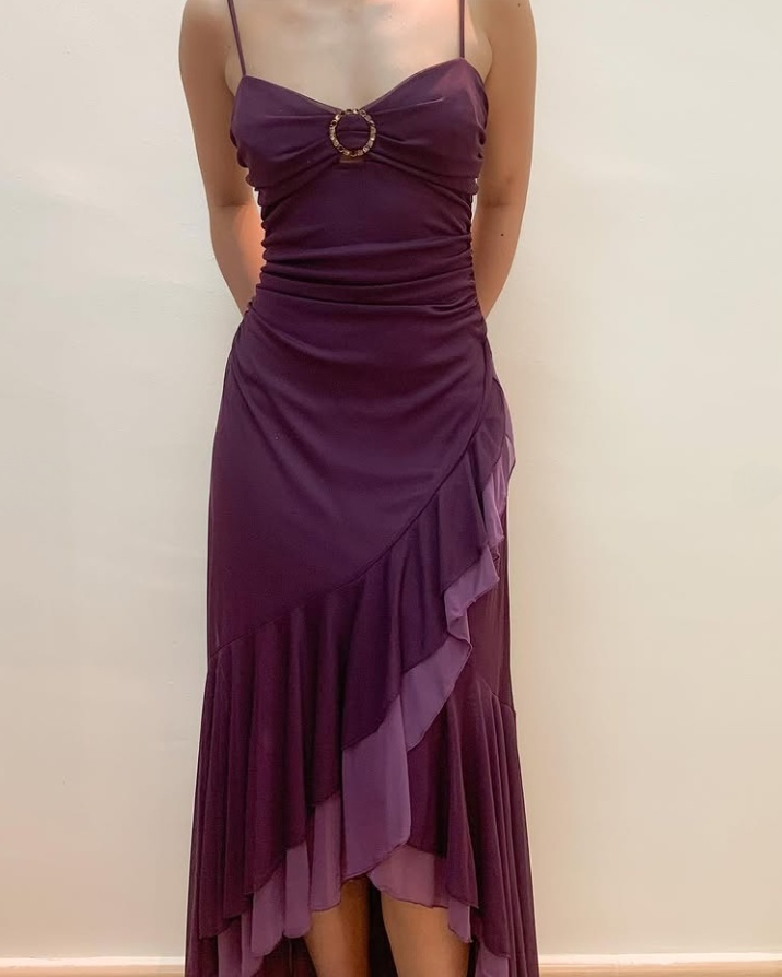Dark Purple Spaghetti Straps Ruffled Split Prom Dress Long