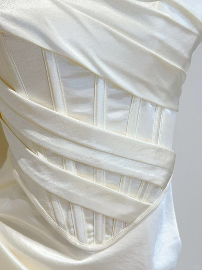 Simple Ivory Mermaid Square Neck Strapless Pleated Satin Prom Dress Evening Dress Bridesmaid Dress P4069