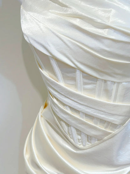 Simple Ivory Mermaid Square Neck Strapless Pleated Satin Prom Dress Evening Dress Bridesmaid Dress P4069