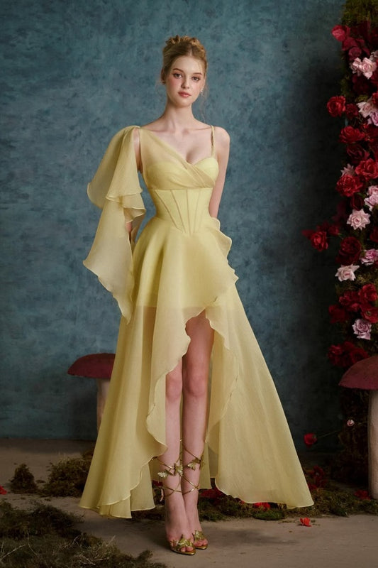 Gorgeous Daffodil Chiffon Sleeveless Split Prom Dress with Ruffles | Zelldresses