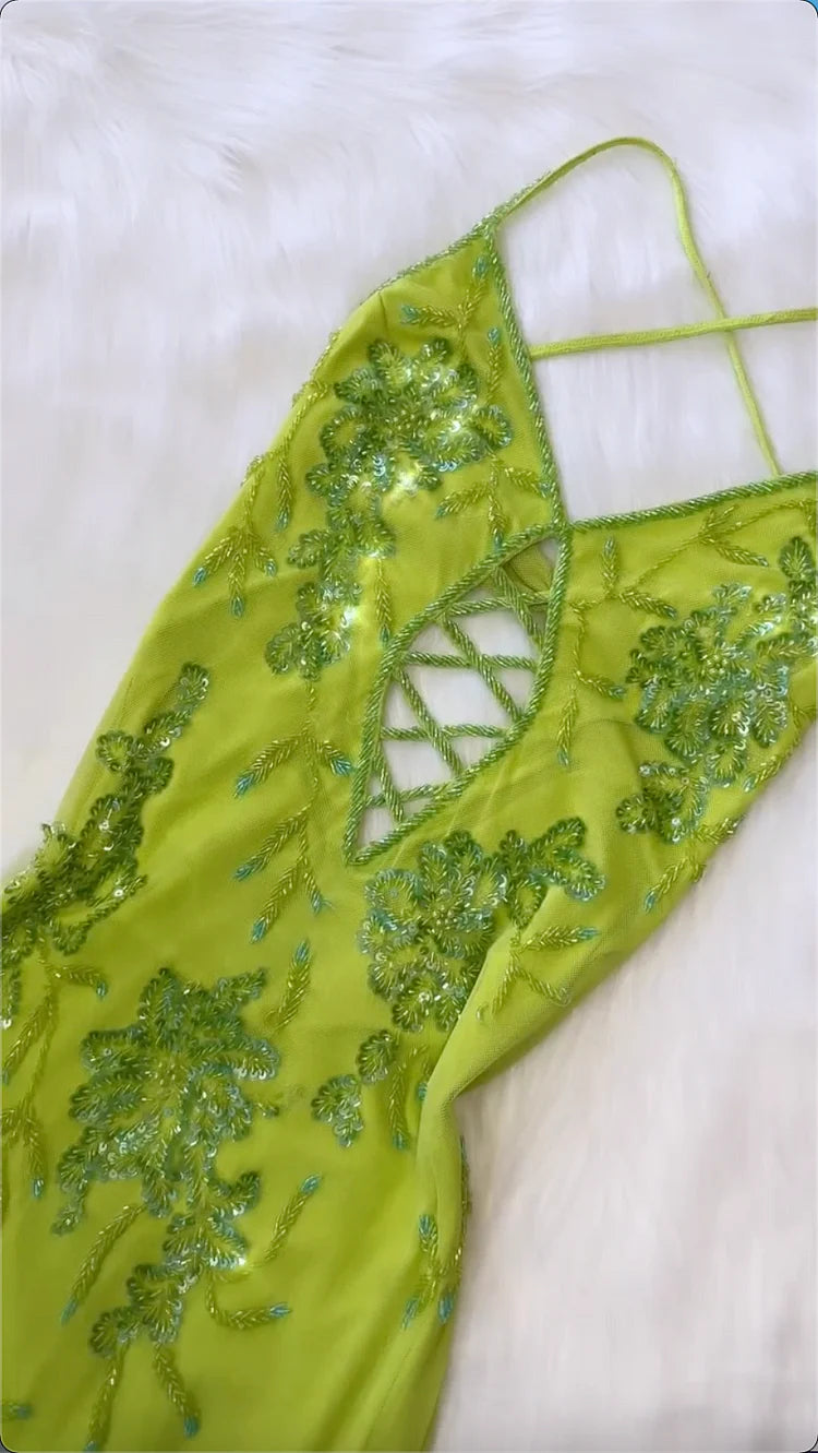 Shiny A Line Spaghetti Strap Sequin Beaded Green Chiffon Open Back Party Dress Evening Dress SH2851