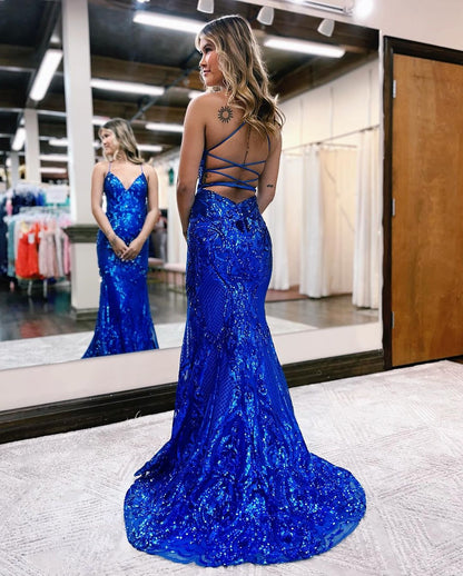 Blue Prom Dress Sequins With Spaghetti Strap Mermaid | Zelldresses