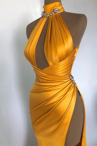 Chic Gold Slit Halter Mermaid Prom Dress | Zelldresses