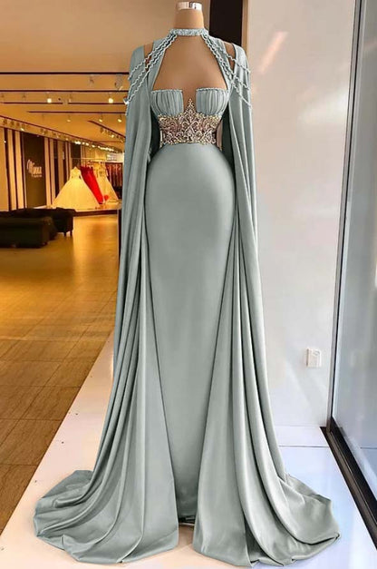 Elegant Halter Green Prom Dress Long Shawl Mermaid Dress HT0051