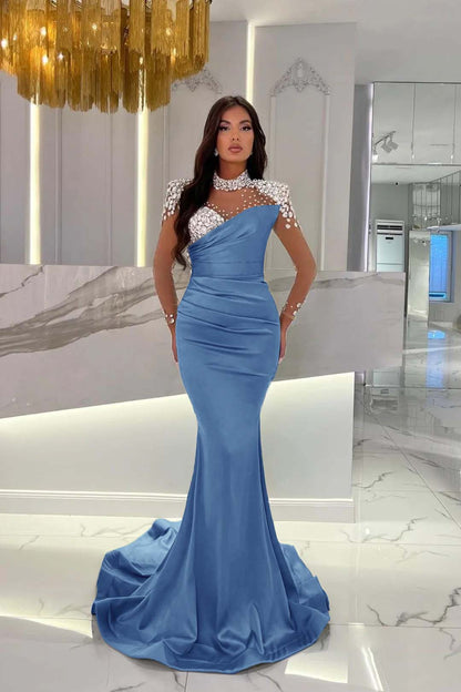 Charmeuse Dusty Blue Prom Dress Long Mermaid Tulle With Beadings YL0259