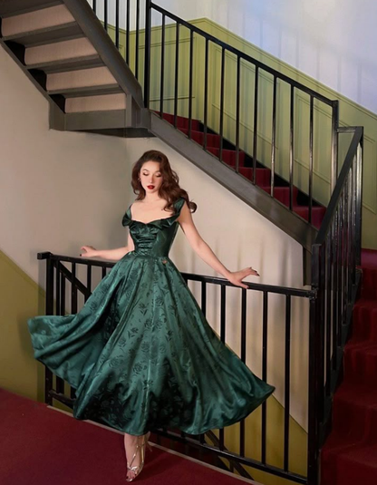 Charming A Line Strap Print Flower Green Satin Long Evening Dress Party Dress SH2709