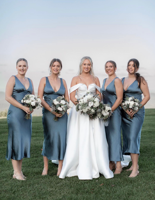 Cute Sheath V Neck Blue Satin Bridesmaid Dress Evening Dress SH2833