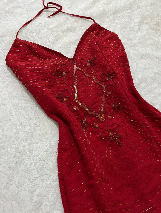 Vintage Mermaid Spaghetti Strap Sequin Beaded Red Chiffon Evening Dress Party Dress SH2690