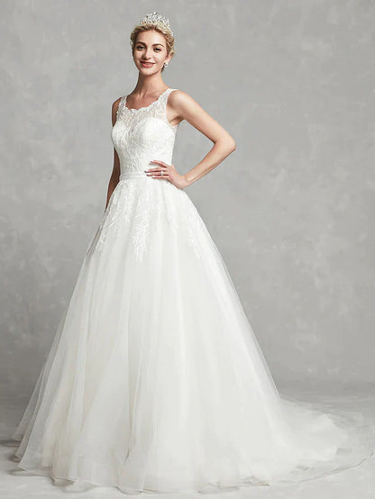 A-Line Wedding Dresses Scoop Neck Chapel Train Lace Tulle Regular Straps Formal Illusion Detail with Lace Sash Ribbon