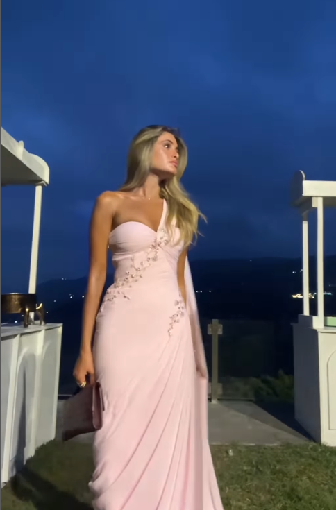 Light Pink Sheath One Shoulder Pleated Beaded Chiffon Prom Dress Wedding Guest Dress SH4699