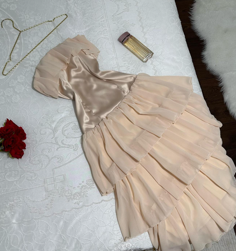 Cute A Line Strapless Tiered Beige Chiffon Satin Short Evening Dress Homecoming Dress SH2707
