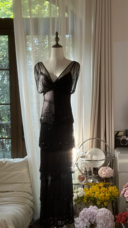 Charming Sheath V Neck Layered Beaded Black Chiffon Party Dress Evening Dress SH2964