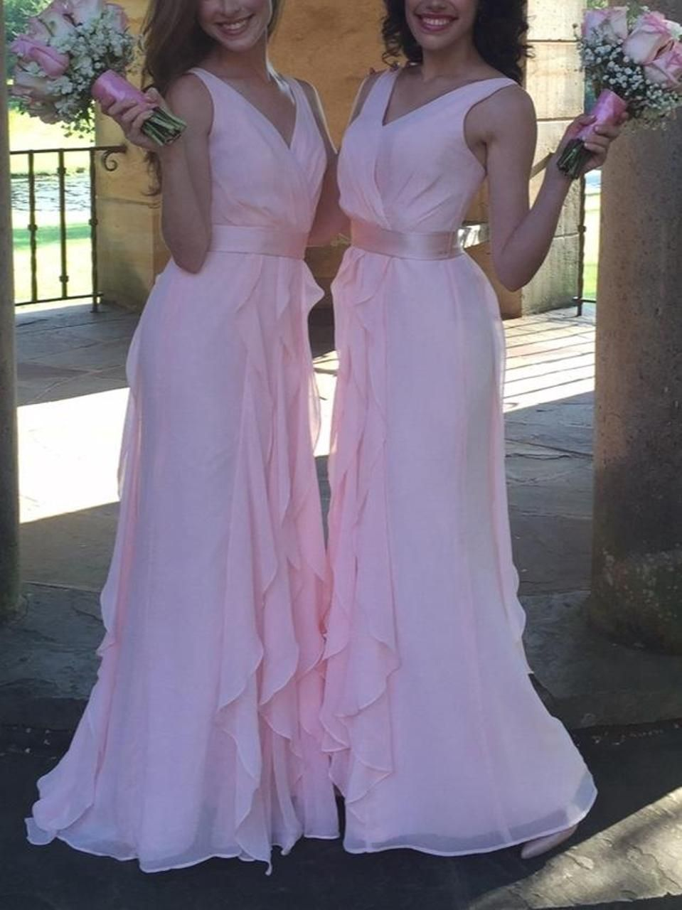 Pretty Pink V Neck Chiffon Ruffle Mermaid Long Bridesmaid Dress Prom Dress D1114