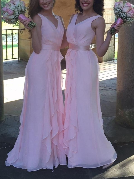 Pretty Pink V Neck Chiffon Ruffle Mermaid Long Bridesmaid Dress Prom Dress D1114