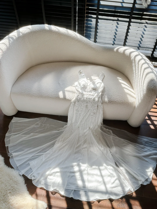 Gentle Mermaid V Neck Beaded Appliques White Chiffon Long Prom Dress Evening Dress SH2983