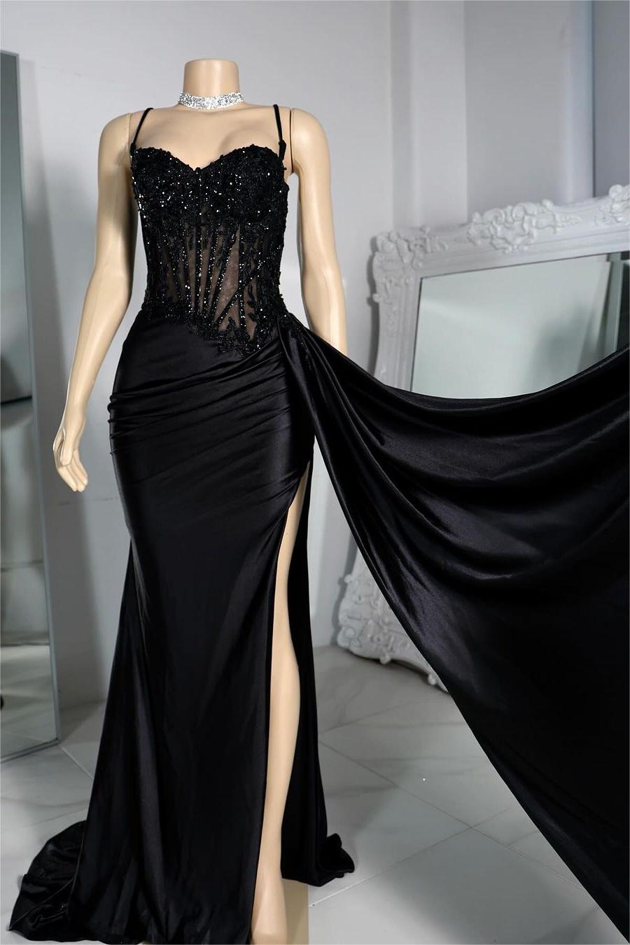 Hellodresses Exquisite Black Spaghetti Strap Sleeveless Pleated Long Split Prom Dress With Beading