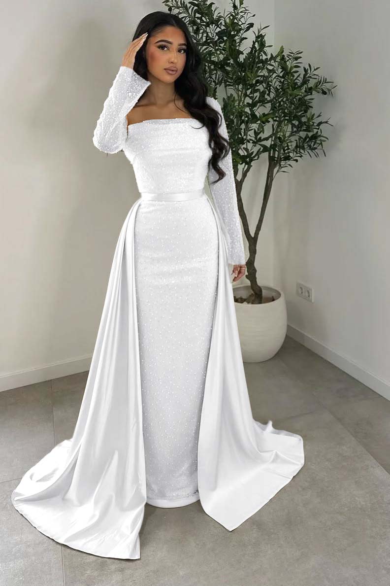 Long Sleeves Square Neck Long Mermaid Prom Dress With Beading HS0005