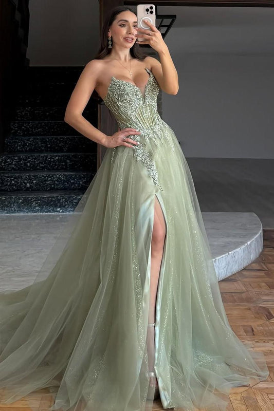 Beautiful Dusty Sage Tulle Strapless Sleeveless Long Split Prom Dress with Beadings | Zelldresses