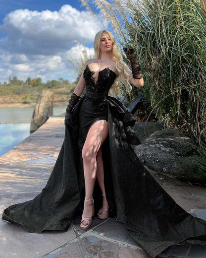 Strapless Sleeveless Long Split Prom Dress With Gloves Beading YB0072