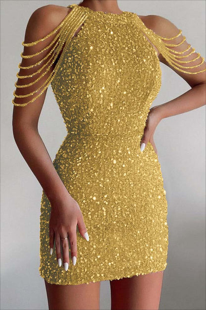 Chic Champagne Sequins Jewel Neck Sleeveless Short Homecoming Dress With Beadings HC0027