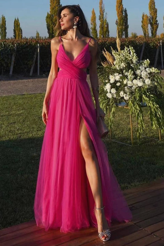 Fuchsia Tulle Split Prom Dress A Line With Spaghetti-Straps | Zelldresses
