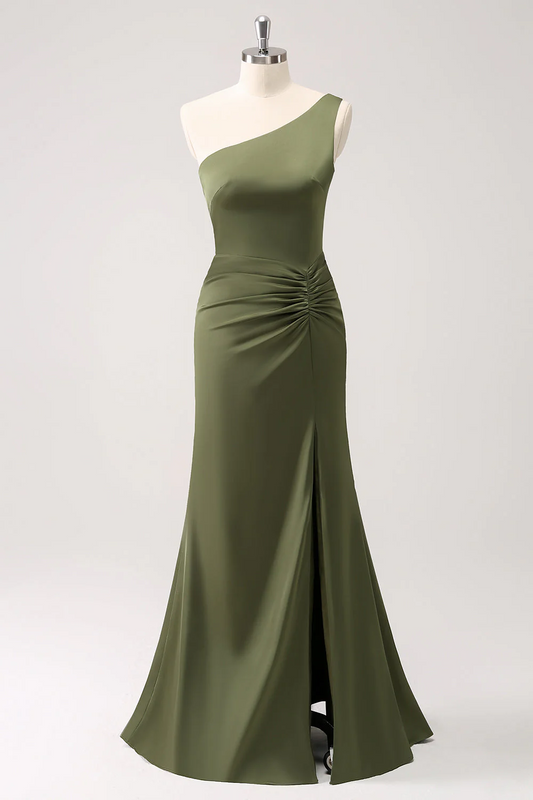 Green A Line Long Slit Bridesmaid Dress with One Shoulder YU0056