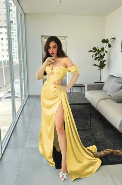 Beautiful Green Satin Off the Shoulder Strapless Long Split Prom Dress with Applique | Zelldresses