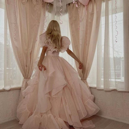 Pink A-Line Organza Long Prom Dress Engagement Dress with Puff Sleeves
