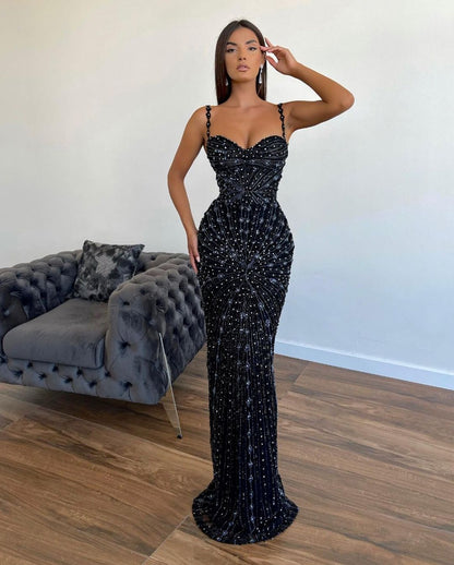 Hellodresses Chic Sleeveless Mermaid Beading Spaghetti Strap Black Prom Dress