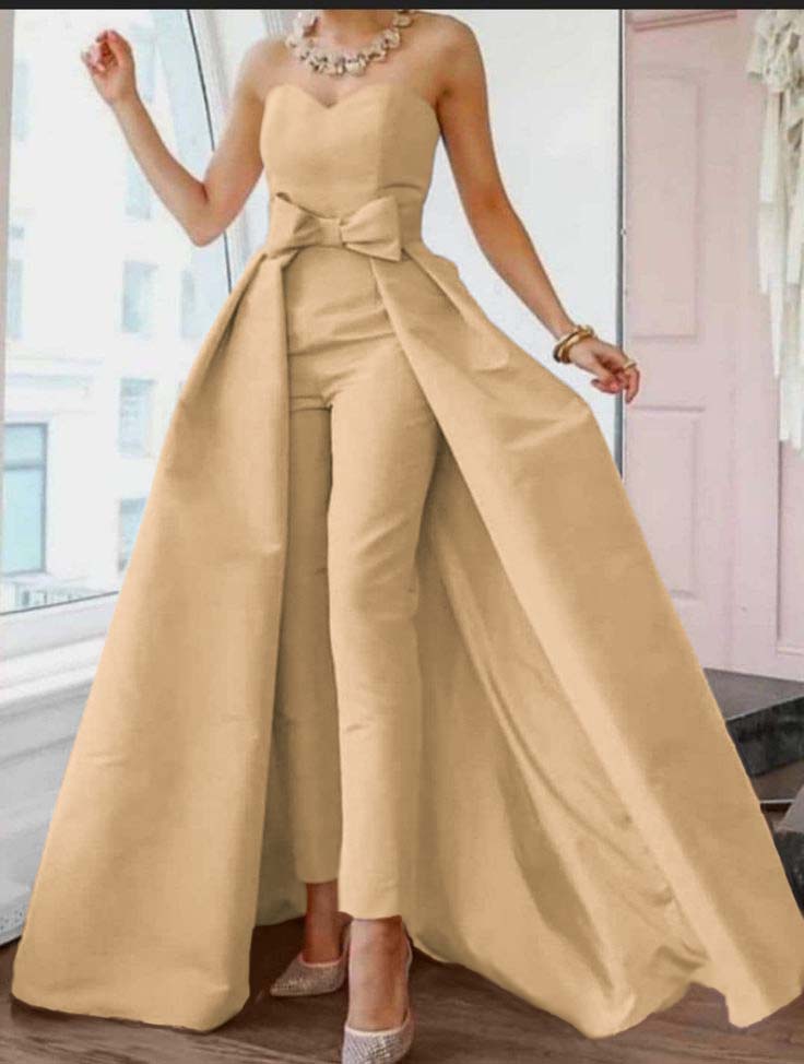 Pink Jumpsuits Evening Dresses Formal Occasion Dresses Beautiful Back Sexy Engagement Sweetheart Sleeveless Detachable Bow | Zelldresses