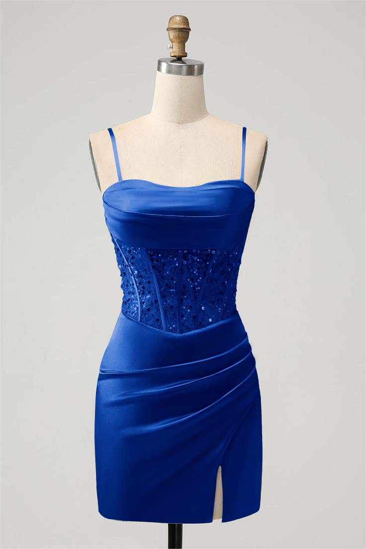 Sage Green Satin Spaghetti Strap Pleated Split Homecoming Dress with Beadings HC0030