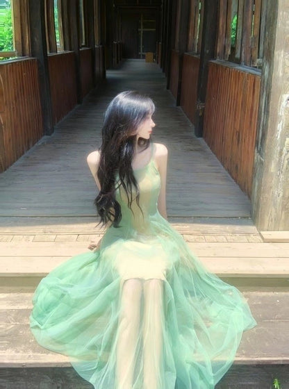 Gentle A Line Spaghetti Strap Green Tulle Long Party Dress Evening Dress SH2857