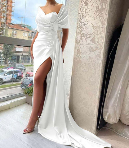 Gorgeous Dusty Sage Portrait V-Neck Pleated Slit Prom Dress with Ruffle ED0486