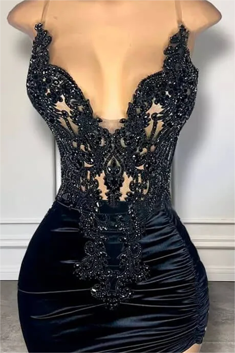 Hellodresses Black Spaghetti Strap Sleeveless Pleated Short Homecoming Dress With Appliques