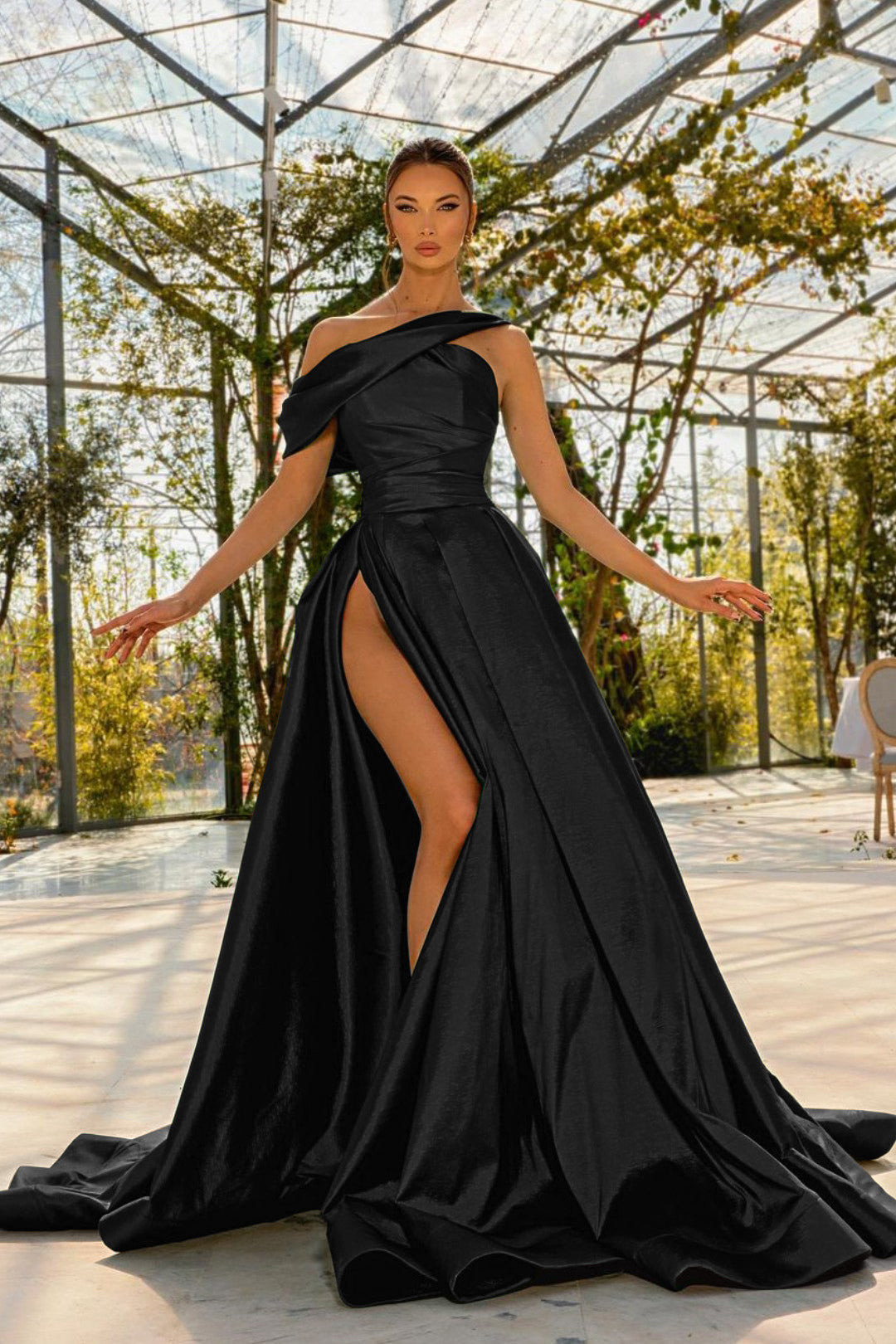 Green Prom Dress One Shoulder Satin With High Split YL0177