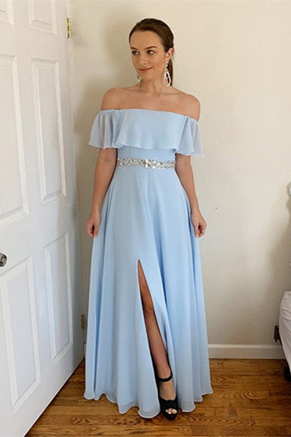 Off-the-Shoulder Sky Blue Prom Dress with Split PD0172