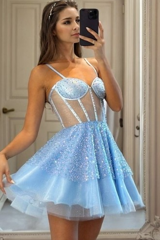 Hellodresses Sky Blue Spaghetti Strap Sweetheart Short Homecoming Dress With Sequins