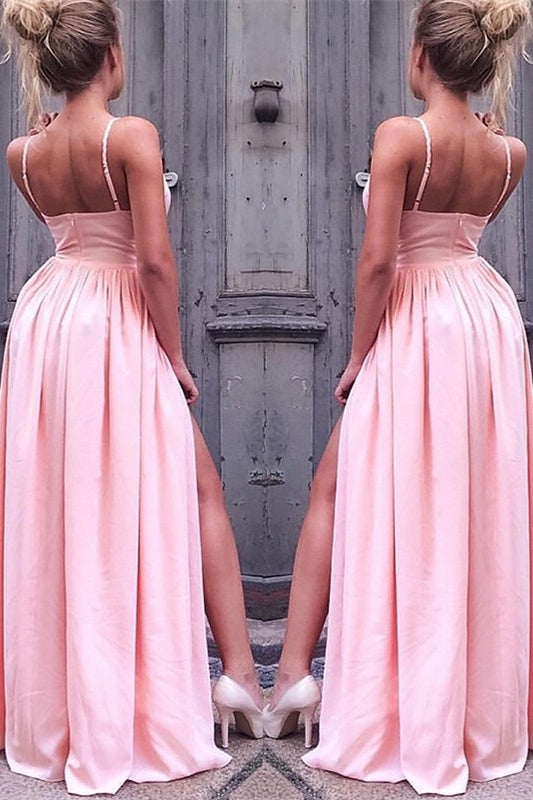 Spaghetti-Straps Pink Prom Dress With Slit PD0284