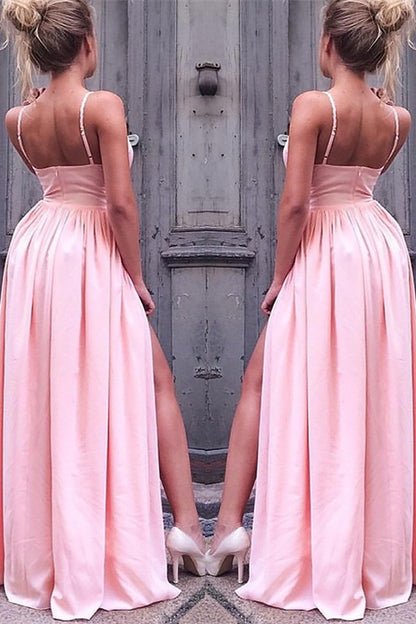 Spaghetti-Straps Pink Prom Dress with Slit PD0284