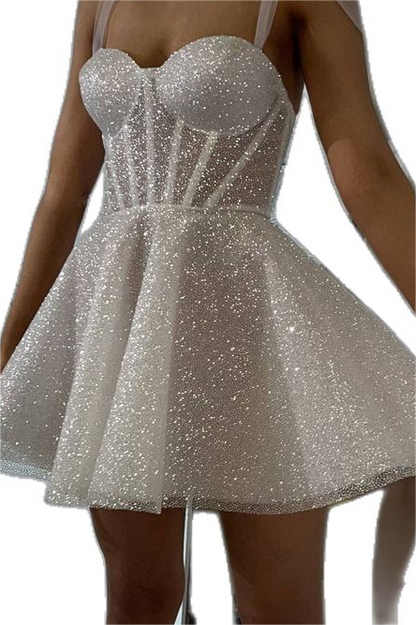 Hellodresses White Sequins Spaghetti Strap Sleeveless A Line Short Homecoming Dress