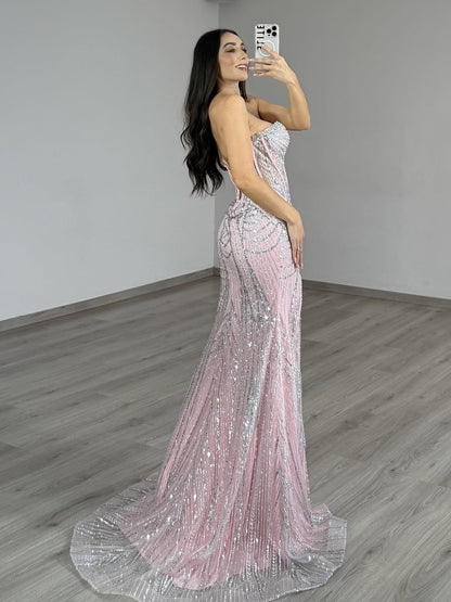 Charming Sweetheart Sequins Sleeveless Split Prom Dress with Train | Zelldresses