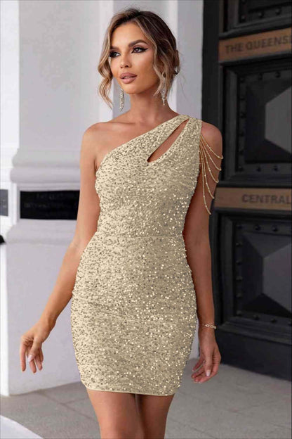 Sexy Champagne Sequins One Shoulder Short Homecoming Dress With Beadings HC0029