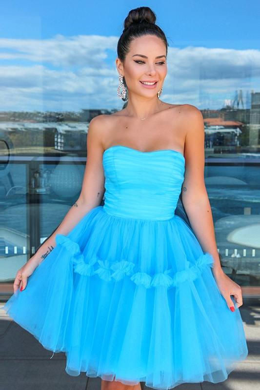 Hellodresses Charming Sky Blue Tulle Strapless Sleeveless Short A Line Homecoming Dress