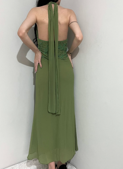 Vintage Sheath Halter Green Beaded Chiffon Open Back Evening Dress Party Dress SH2693